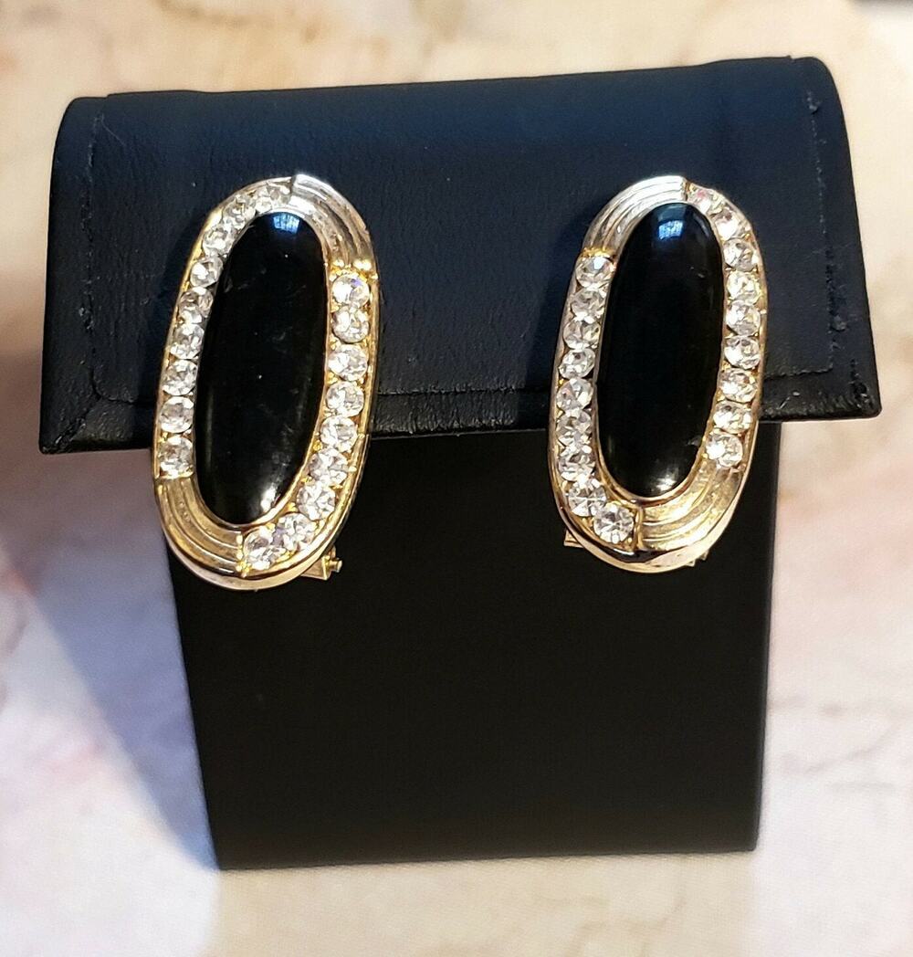 Vintage Rhinestone Pierced Earrings Black‎ Statement High-End kp44